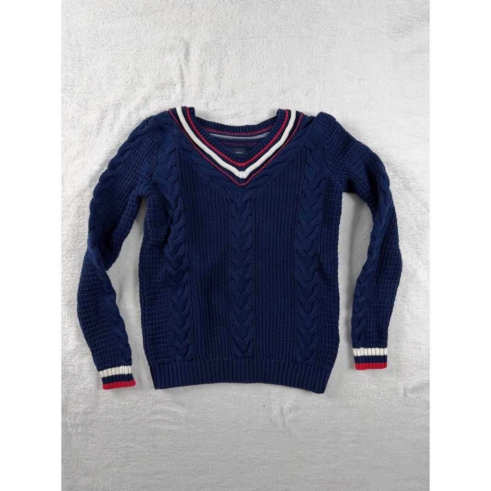 Lands End Drifter Navy Cable Knit V-Neck Sweater Red White Trim Womens XS 2-4